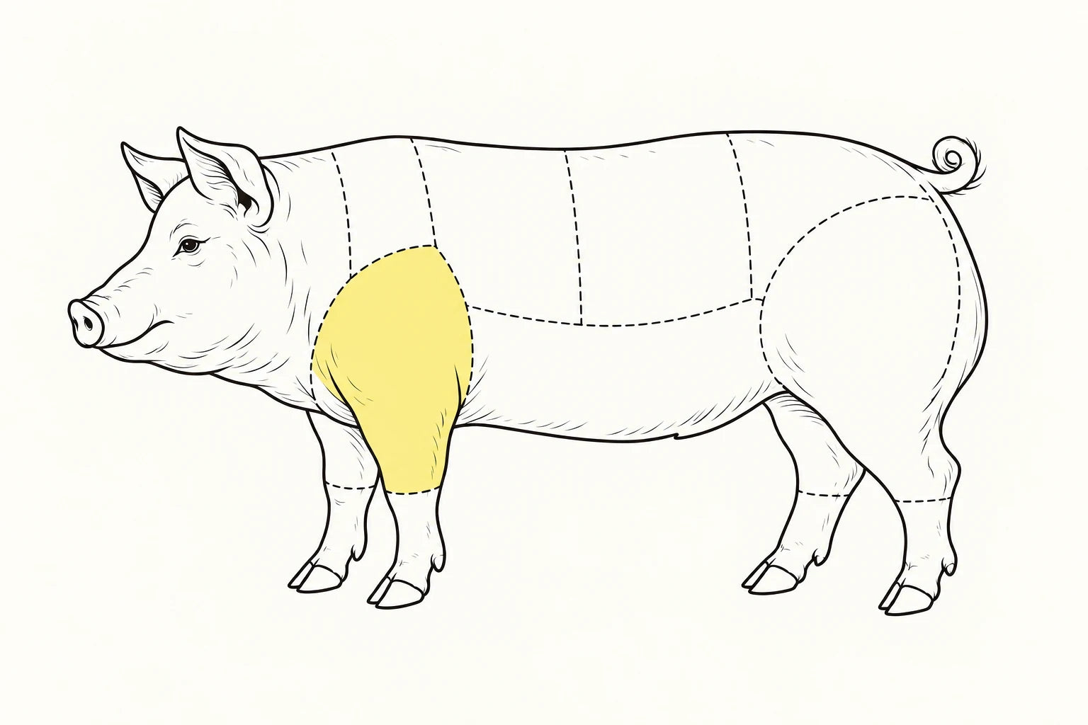 Orientacyjne położenie elementu zaznaczone na żółto: Łopatka wieprzowa / Pork shoulder.